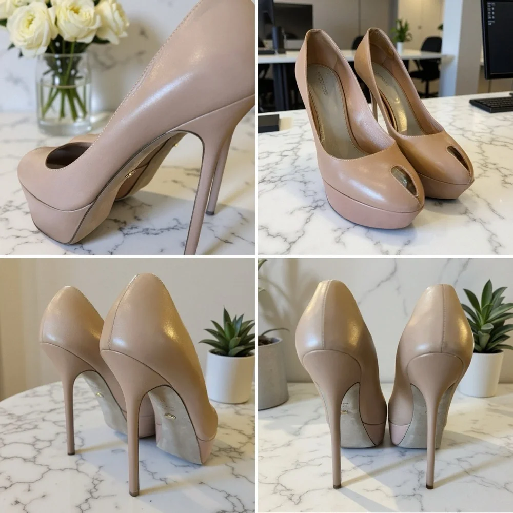 Sergio Rossi Taupe Neutral Peep Toe Platform High Heels